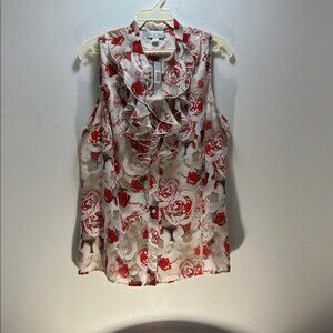 Tahari Floral Ruffle Blouse - Red and Gray